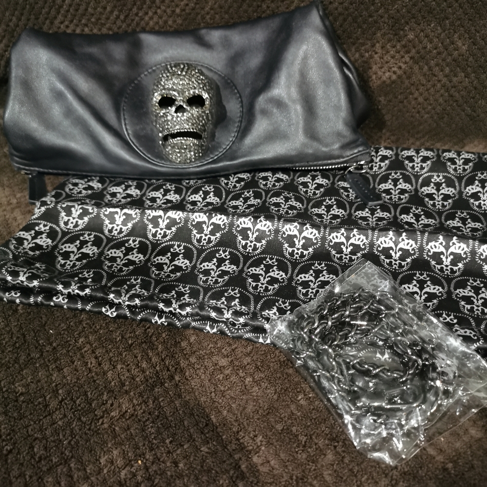 Black Barolo Crystal Skull Fold over Clutch EUC #226